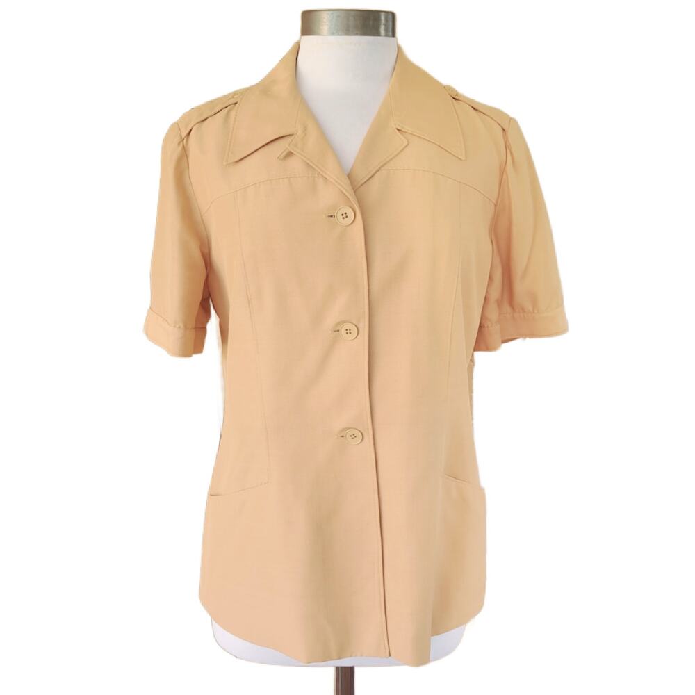Halston Vintage 70s Safari Jacket Short Sleeve Linen Blend Blazer Camel Tan 8